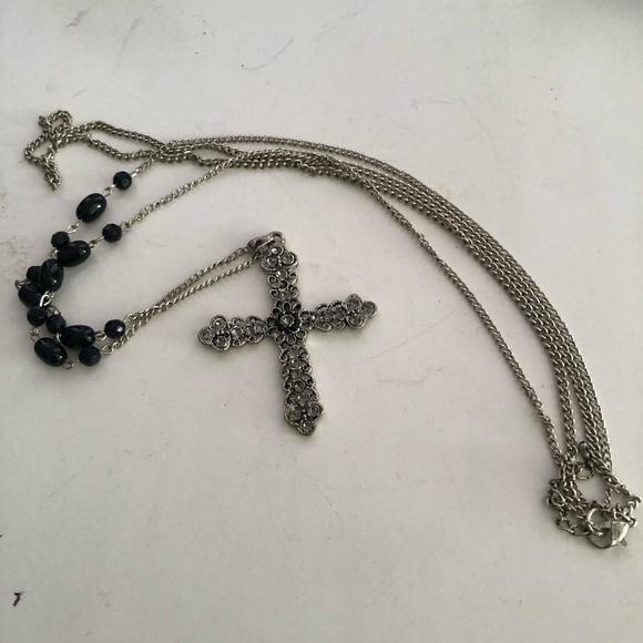 Silver Cross Pendant Necklace with Black Beads - Picture 7 of 9